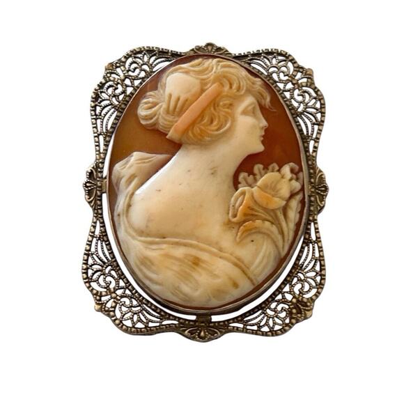 Filigree Jewelry - Antique Carved Cameo Shell 14K White Gold Filigree Brooch Pin Pendant 33 X 41mm